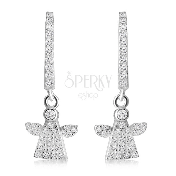 Hinged snap earrings in 925 silver – a ring and an angel adorned with clear zircons