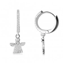Hinged snap earrings in 925 silver – a ring and an angel adorned with clear zircons