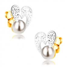 Earrings in combined 9K gold – heart with irregular lines, zircons, pearl