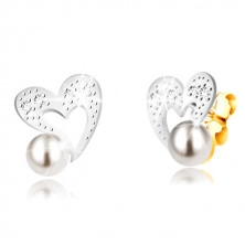 Earrings in combined 9K gold – heart with irregular lines, zircons, pearl