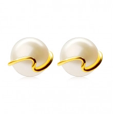 375 Gold earrings – cultured white pearl, thin wavy line, studs