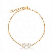 Steel bracelet in a copper color - infinity symbol with crystals, delicate chain with beads