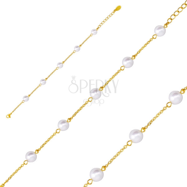 Steel bracelet in a golden colour, pearlescent beads on a chain