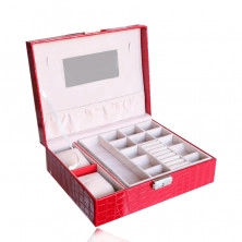 Rectangular jewelry box in a red color - imitation of crocodile leather, buckle, key
