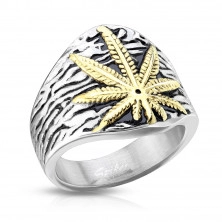 Stainless steel ring, marijuana leaf, silver color