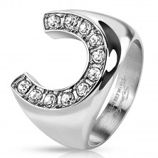 Ring made of stainless steel, massive horseshoe inlaid with zircons