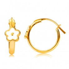 14K Gold round earrings, white flower, French lock, 12 mm