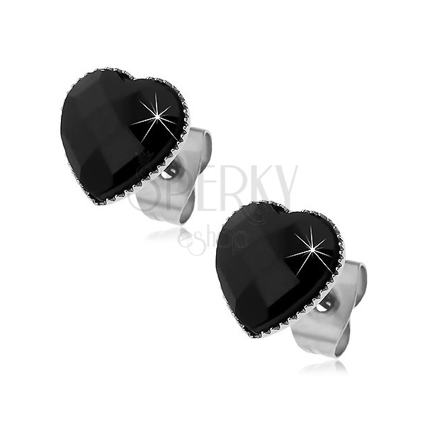 Earrings made of 316L steel - black cut heart, studs