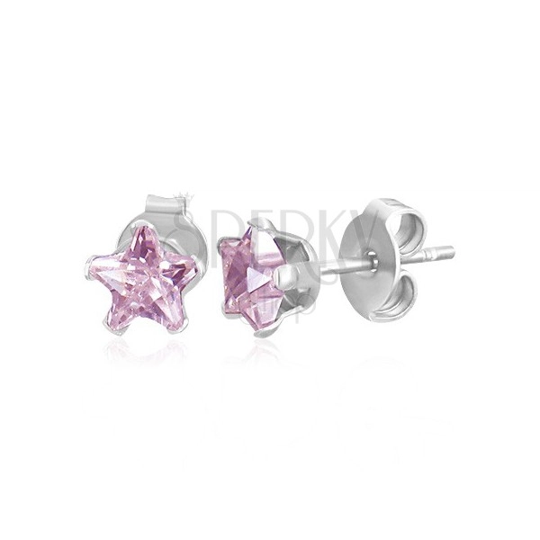 Stud earrings made of 316L steel - pink zircon star