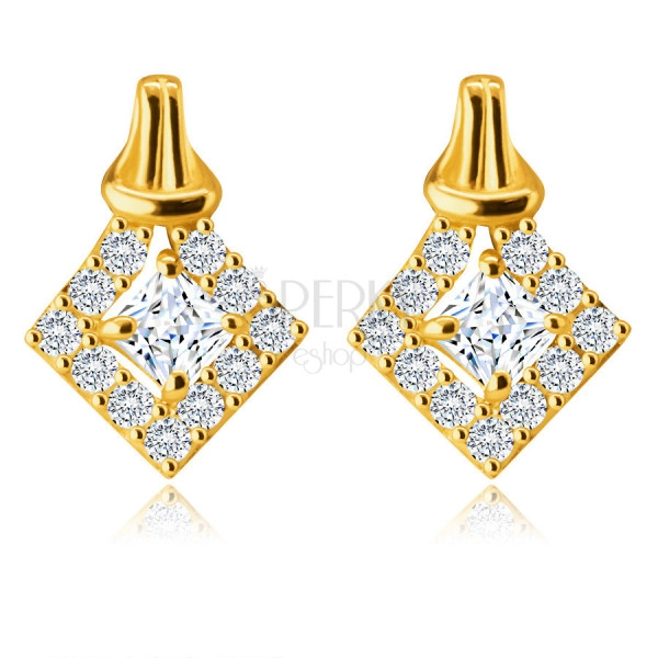 9K Golden earrings – square-shaped zircon between four prongs, lined with round zircons, knot