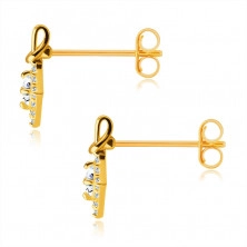 9K Golden earrings – square-shaped zircon between four prongs, lined with round zircons, knot