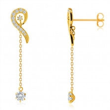 9K Golden earrings – loop line paved with zircons, short chain with a zircon in a mount