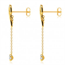 9K Golden earrings – loop line paved with zircons, short chain with a zircon in a mount