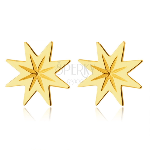 Earrings made of 9K gold – eight-pointed star with knurling, shiny smooth finish, studs