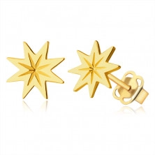 Earrings made of 9K gold – eight-pointed star with knurling, shiny smooth finish, studs