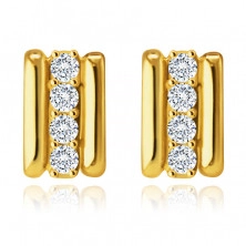 Earrings made of 9K gold – rectangle with a zircon middle strip, two thin stripes, studs