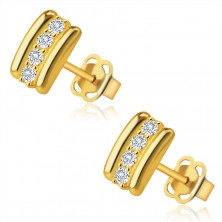 Earrings made of 9K gold – rectangle with a zircon middle strip, two thin stripes, studs