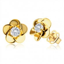9K Golden earrings – flower with overlapping petals, zircon in the centre, studs