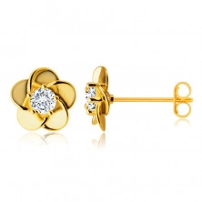 9K Golden earrings – flower with overlapping petals, zircon in the centre, studs