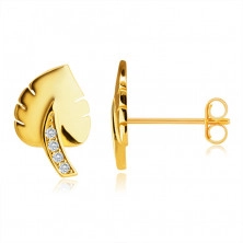 Earrings made of 9K gold – “Monster” leaf motif, stem adorned with zircons, studs
