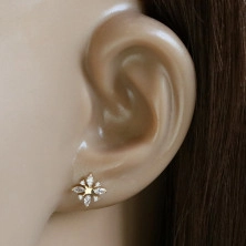 Earrings in 9K yellow gold – small shiny star, teardrops paved with zircons, round zircons