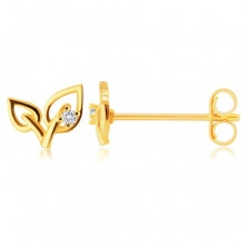 9K Yellow gold earrings – two leaves with clear round zircon