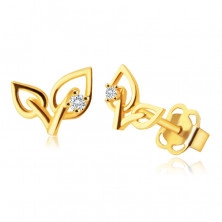 9K Yellow gold earrings – two leaves with clear round zircon