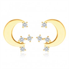 375 Yellow gold stud earrings – flat half-moon, round clear zircons
