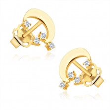 375 Yellow gold stud earrings – flat half-moon, round clear zircons