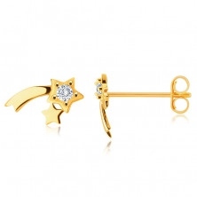 9K Yellow gold earrings – glossy comet, clear round zircon