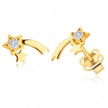 9K Yellow gold earrings – glossy comet, clear round zircon