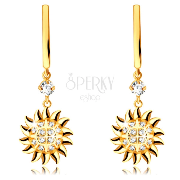 Round earrings in 375 yellow gold – pendant in the shape of the sun, round clear zircon