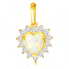 9K Golden pendant – white synthetic heart-shaped opal, edge made of round clear zircons