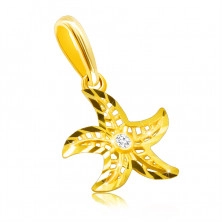 Golden pendant in 375 yellow gold – starfish motif, round clear zircon