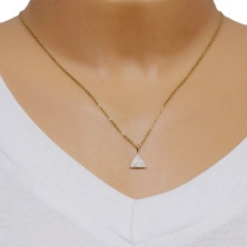 9K Golden pendant - isosceles triangle, tiny round zircons, oval clasp