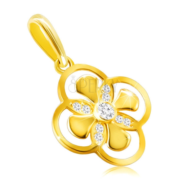 Pendant made of 9K gold – flower with combined petals, zircon in a bezel