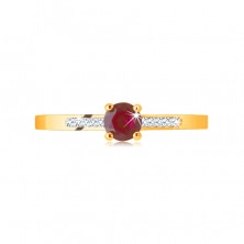 Ring made of 9K yellow gold – radiant round ruby in a mount, zircon strips