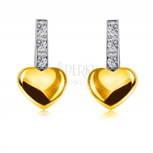 Brilliant earrings made of 14K combined gold - strip with diamonds, smooth heart, studs