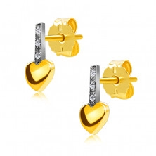 Brilliant earrings made of 14K combined gold - strip with diamonds, smooth heart, studs