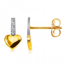 Brilliant earrings made of 14K combined gold - strip with diamonds, smooth heart, studs