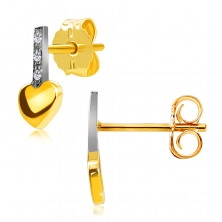 Brilliant earrings made of 14K combined gold - strip with diamonds, smooth heart, studs