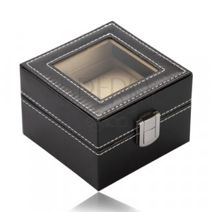 Square jewelry box for watches - black leatherette, shiny metal buckle