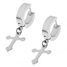 Earrings made of 316L steel - hoops with dangling cross, silver colour