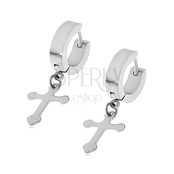 Earrings made of 316L steel - hoops with dangling cross, silver colour