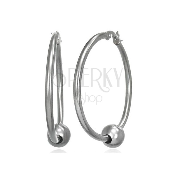 Steel earrings – smooth glossy hoops with a silver coloured bead, 34 mm