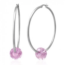 Steel earrings - big circles in silver colour with pink cut bead