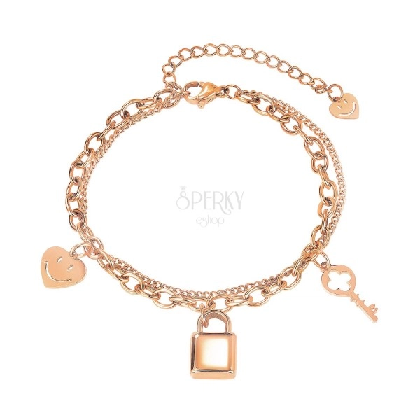 Steel bracelet in copper colour – a heart with a smiley face, padlock and a key, double chain