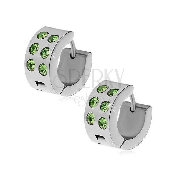 Steel earrings in silver colour - hoops with green zircons