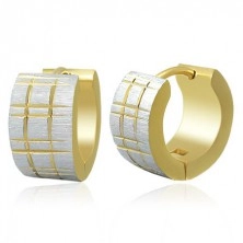 Bicoloured steel earrings - matt hoops with fluted pattern in gold colour