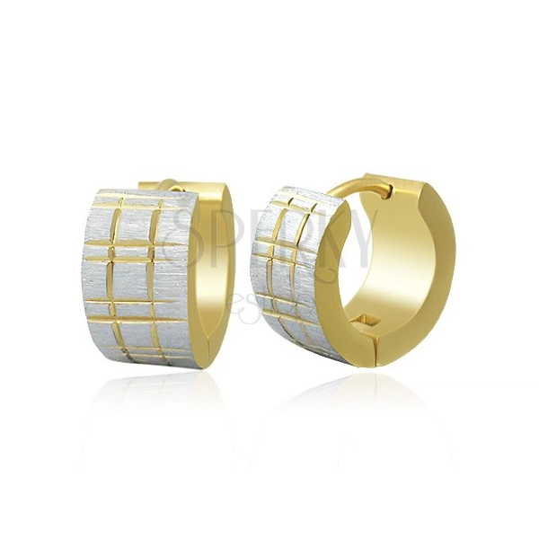 Bicoloured steel earrings - matt hoops with fluted pattern in gold colour